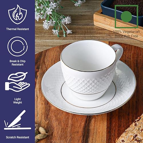 Bone China Double Gold Line Diamond Cut White Tea Cup Set with Saucer, 200 ML, 6 Cups, 6 Saucers, Femora - Image 7