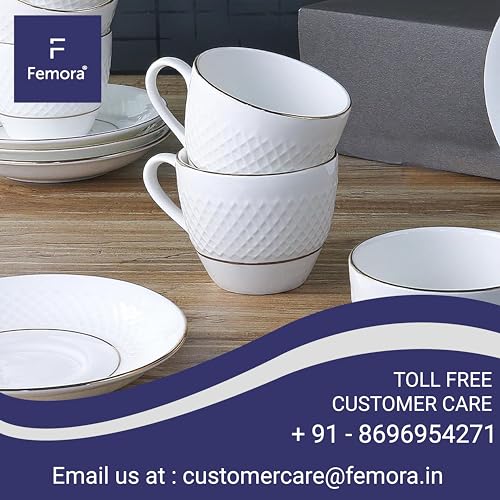 Bone China Double Gold Line Diamond Cut White Tea Cup Set with Saucer, 200 ML, 6 Cups, 6 Saucers, Femora - Image 9