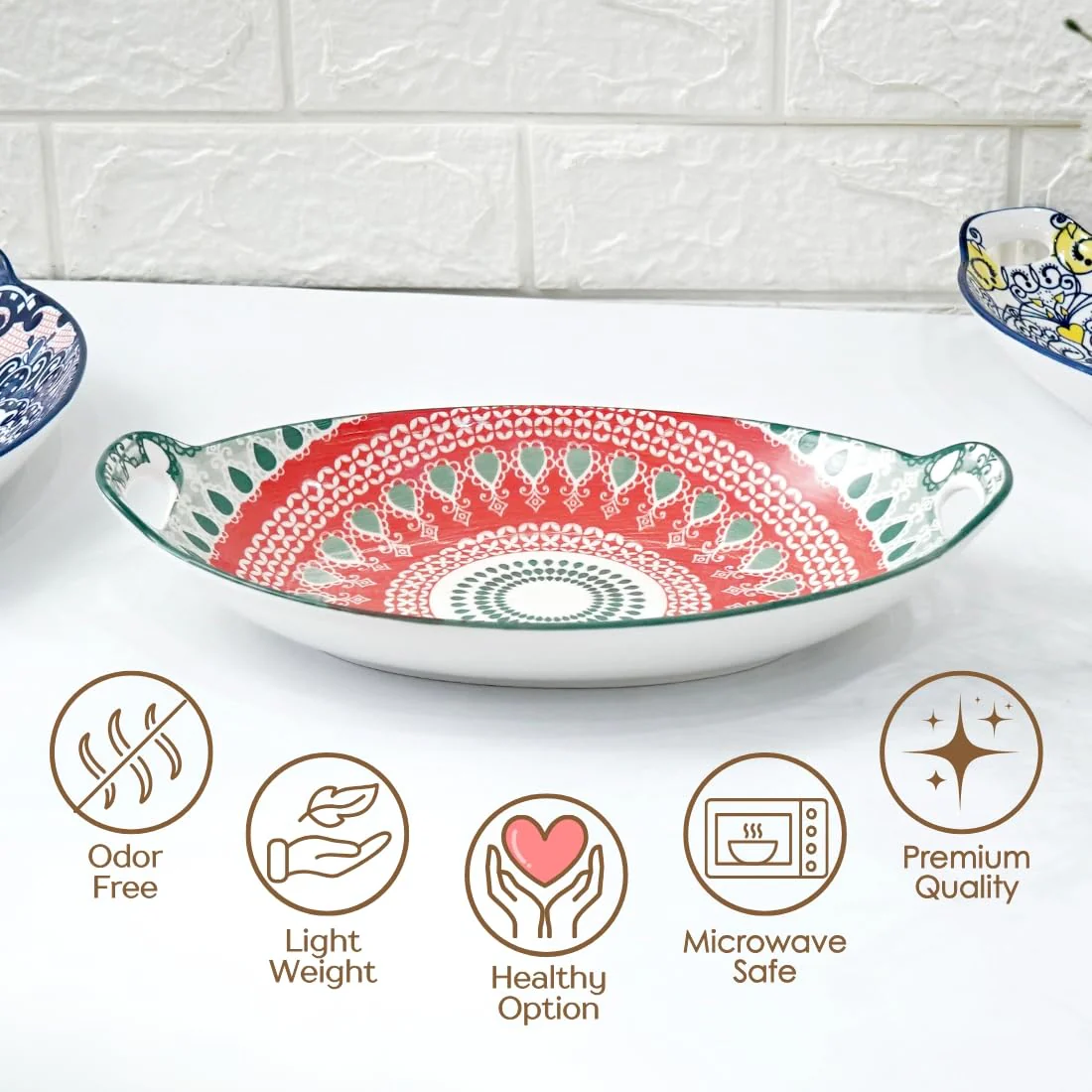 Femora Mandala Ceramic Long Dish with Handles (10.8 Inch) - Elegant Oval Serving Platter for Snacks, Appetizers, Salads, and Noodles | Microwave & Dishwasher Safe (Red & Green) - Image 7