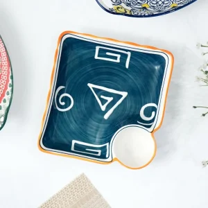 Femora Ceramic Chip and Dip Snack Plate with Dip Section | Microwave & Dishwasher Safe Starter Plates | Perfect for Fries, Momos, Sushi, Kebab (White & Blue)