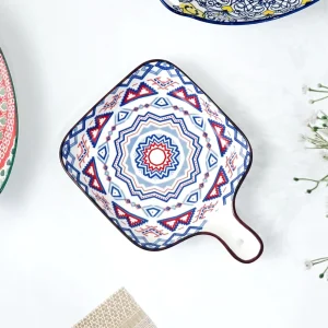 Femora Mandala Ceramic Snack Plates | Blue & White Design | 9 Inch Square with Handle | Dishwasher Safe | Perfect for Gifting