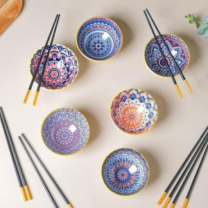 Femora Porcelain Bowl with Chopstick | Set of 6 – Microwave & Dishwasher Safe, BPA & Lead-Free Dinner Bowls for Snacks, Rice, Dal, Fruits, Salad | Elegant Serving Bowls,Ideal for Gifting-Paisley Print