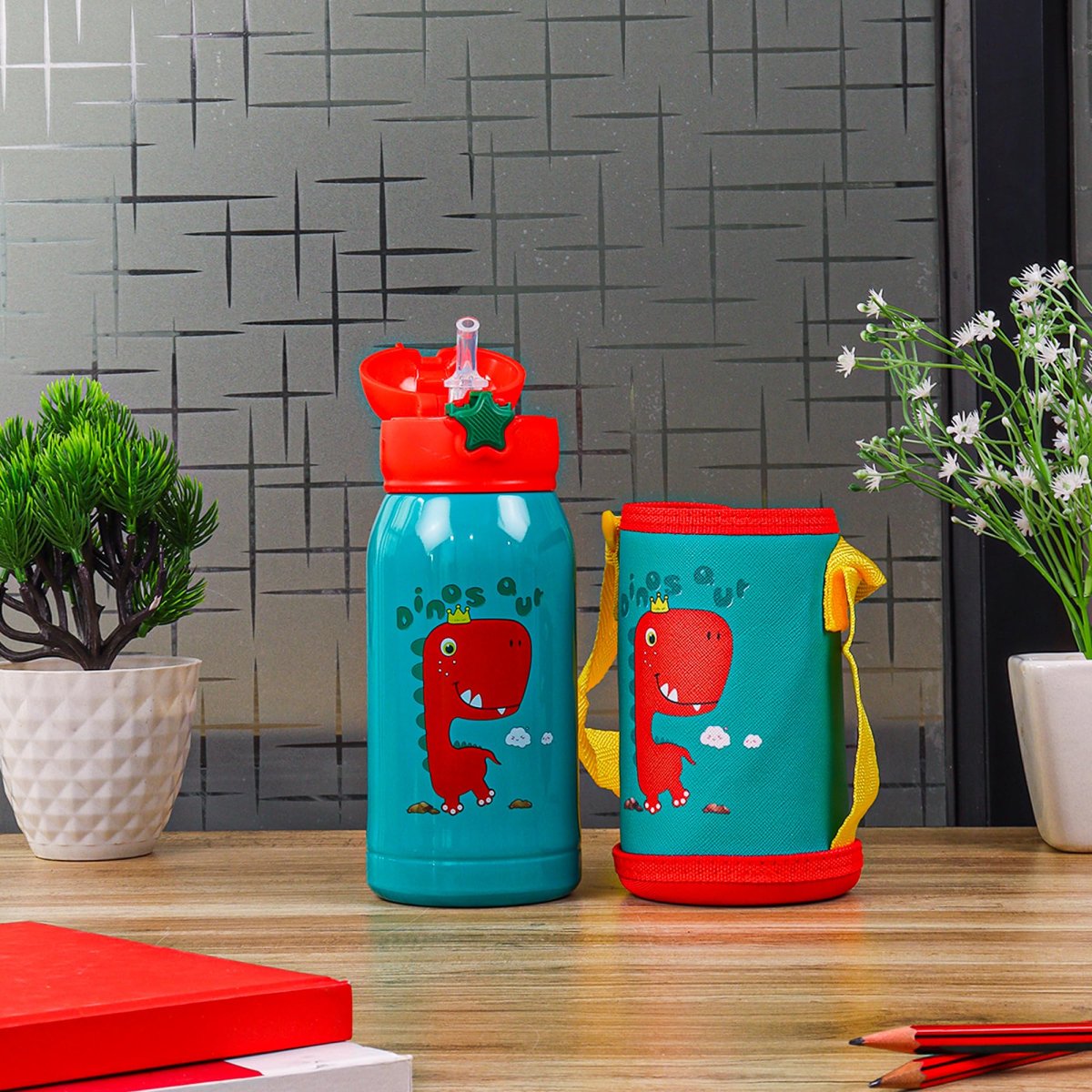 Stainless Steel Kids Crown Dinosaur Design Hot & Cold Thermo Steel Green Water Bottle, 550 ML, Femora - Image 5