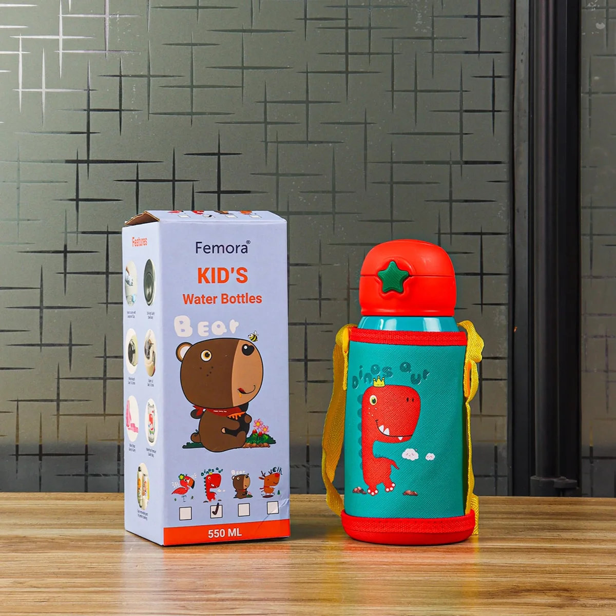Stainless Steel Kids Crown Dinosaur Design Hot & Cold Thermo Steel Green Water Bottle, 550 ML, Femora - Image 2