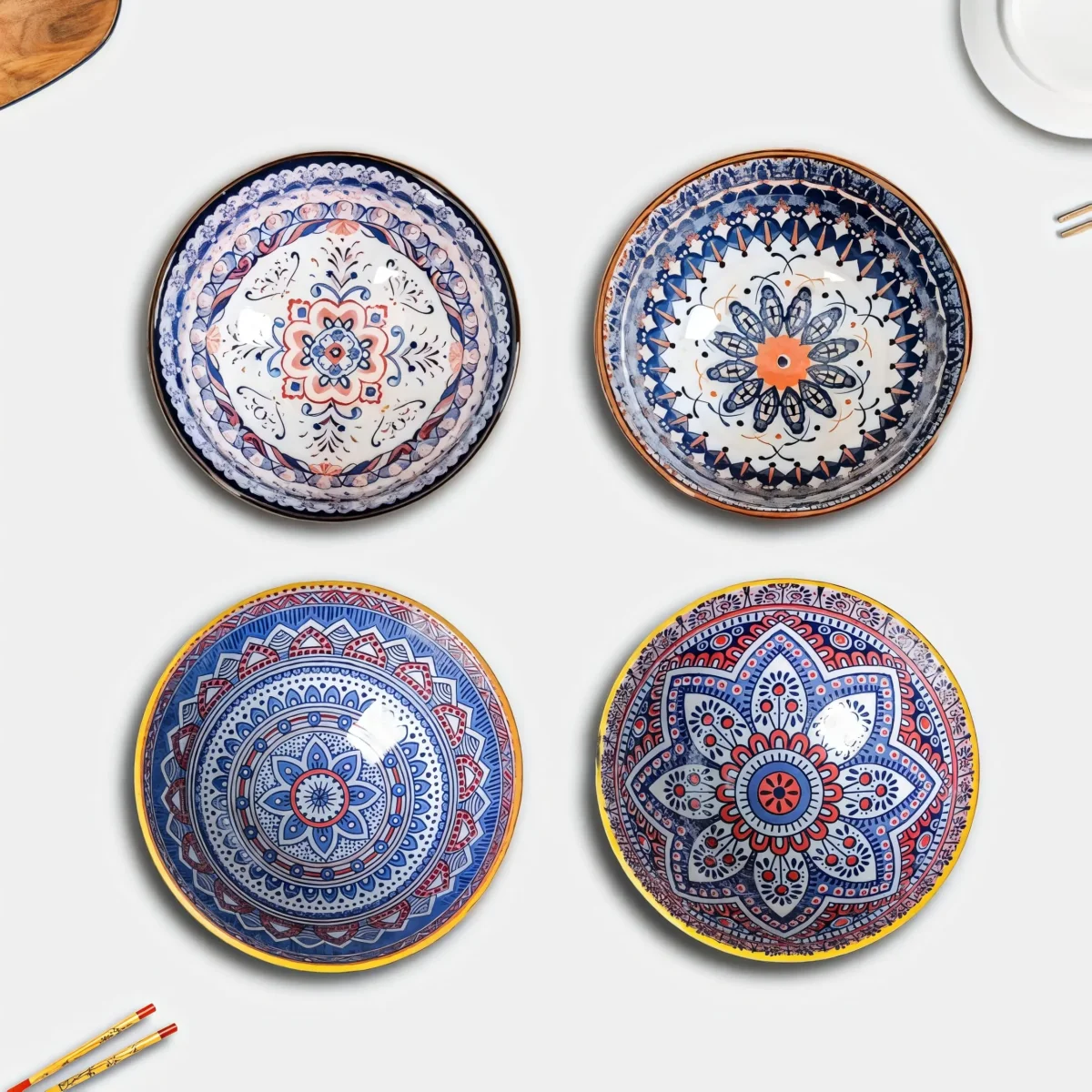 Femora Porcelain Bowl Set of 4 – Microwave & Dishwasher Safe, BPA & Lead-Free Dinner Bowls for Snacks, Rice, Dal, Fruits, Salad | Elegant Serving Bowls, Gift-Pack Ideal for Gifting- Mandala Print
