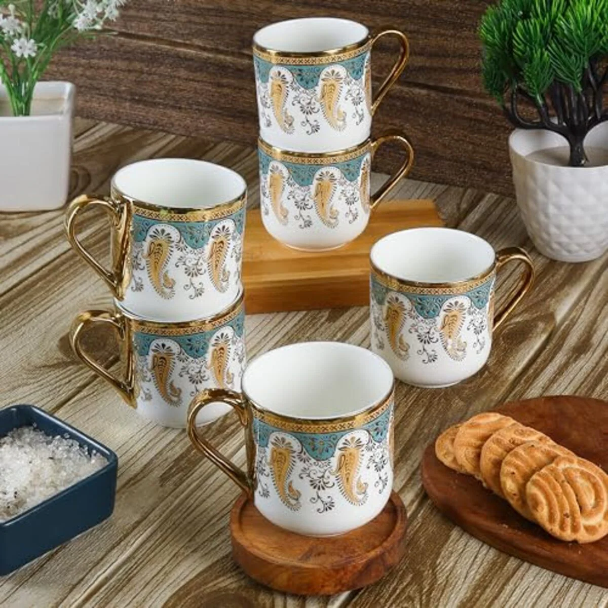 Premium Ceramic Golden Royal Mehendi Print blue Coffee & Tea Cup Set of 6, 180 ML, Femora - Image 2