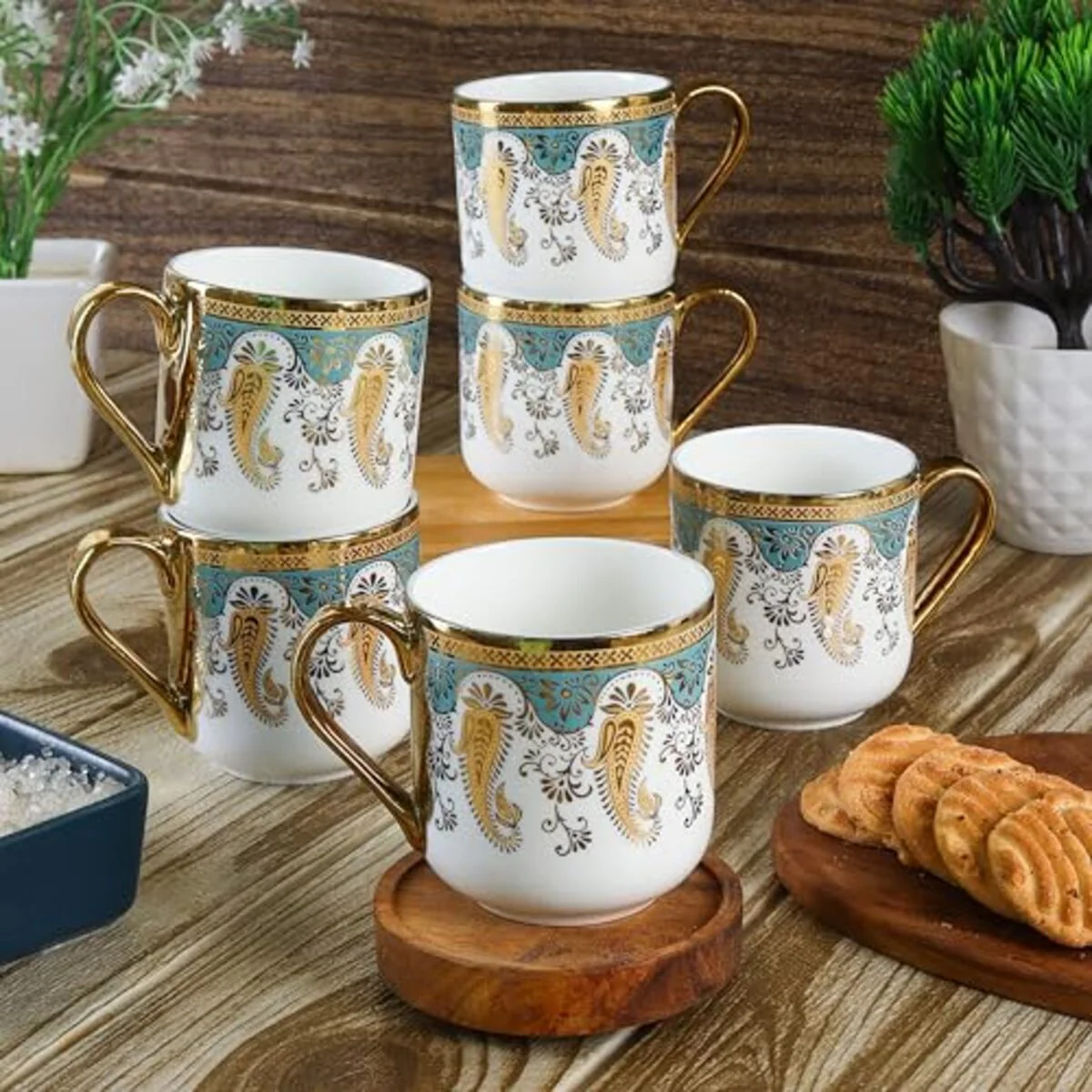 Premium Ceramic Golden Royal Mehendi Print blue Coffee & Tea Cup Set of 6, 180 ML, Femora - Image 3