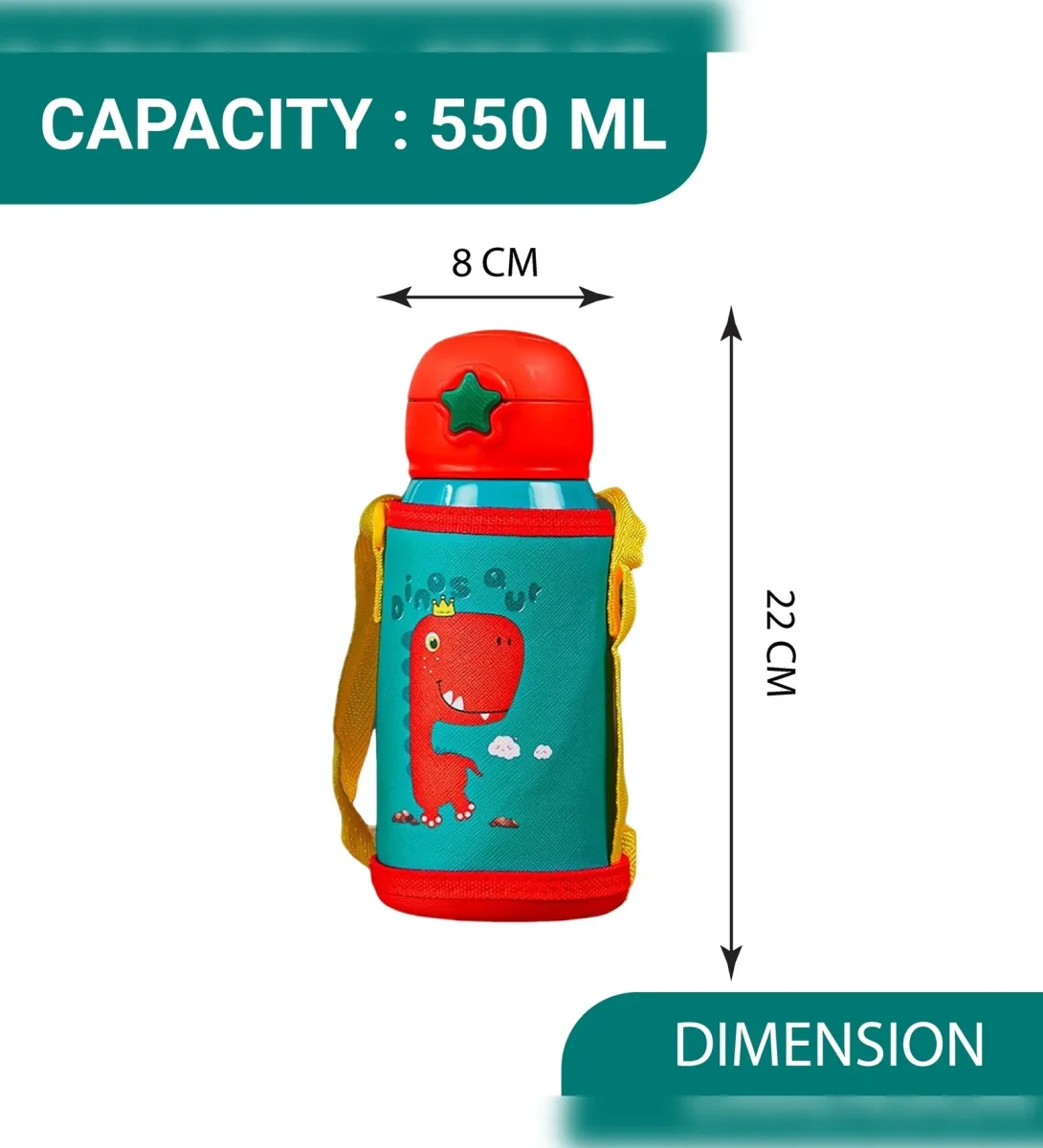 Stainless Steel Kids Crown Dinosaur Design Hot & Cold Thermo Steel Green Water Bottle, 550 ML, Femora - Image 3